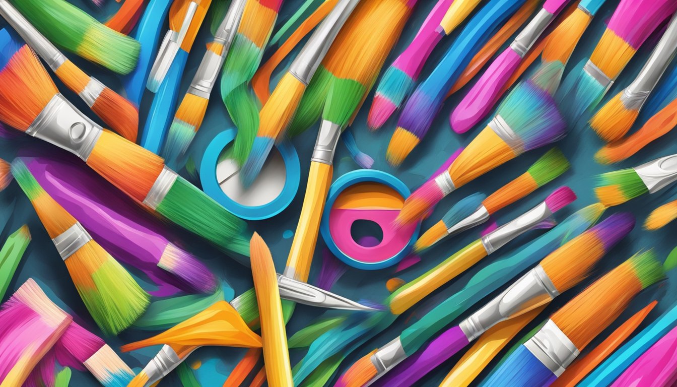 A colorful palette of paintbrushes swirling around a bold, stylized letter "T" with a measuring tape wrapped around it