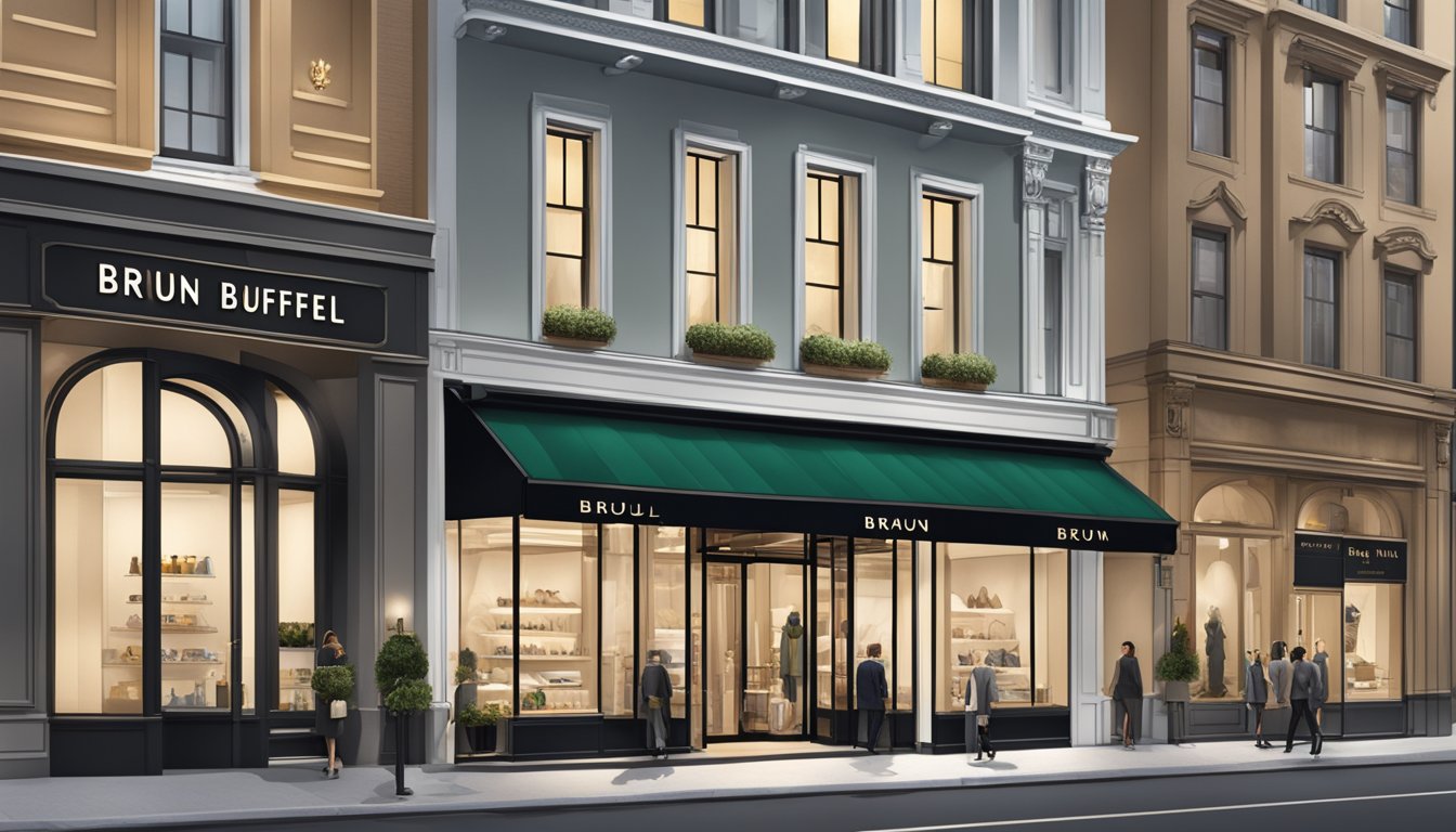 A sleek, elegant storefront with the "Braun Buffel" logo prominently displayed, surrounded by upscale boutiques and a bustling cityscape
