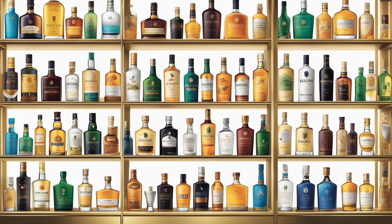 A collection of Diageo brand bottles arranged in a sleek and modern display, showcasing the iconic portfolio of spirits