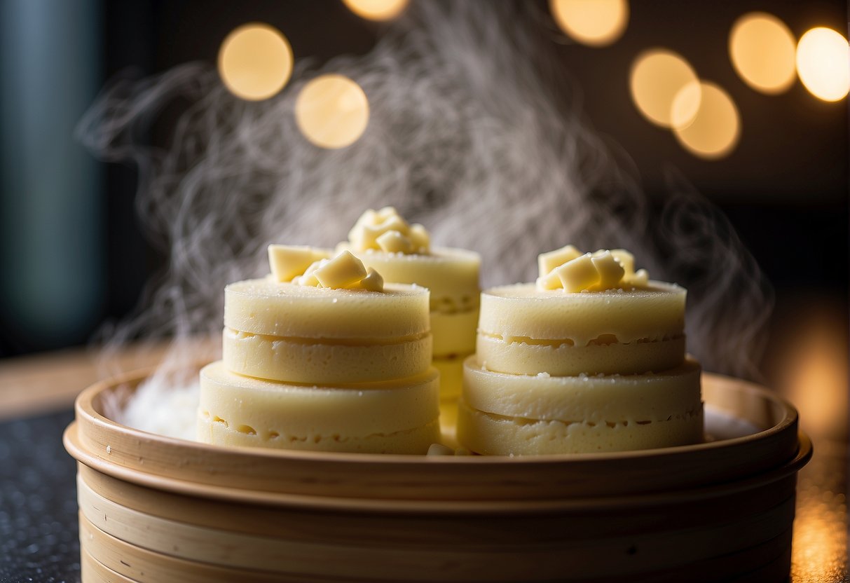 Layers of steamed cake batter stacked in a bamboo steamer, with steam rising and a hint of sweet aroma in the air