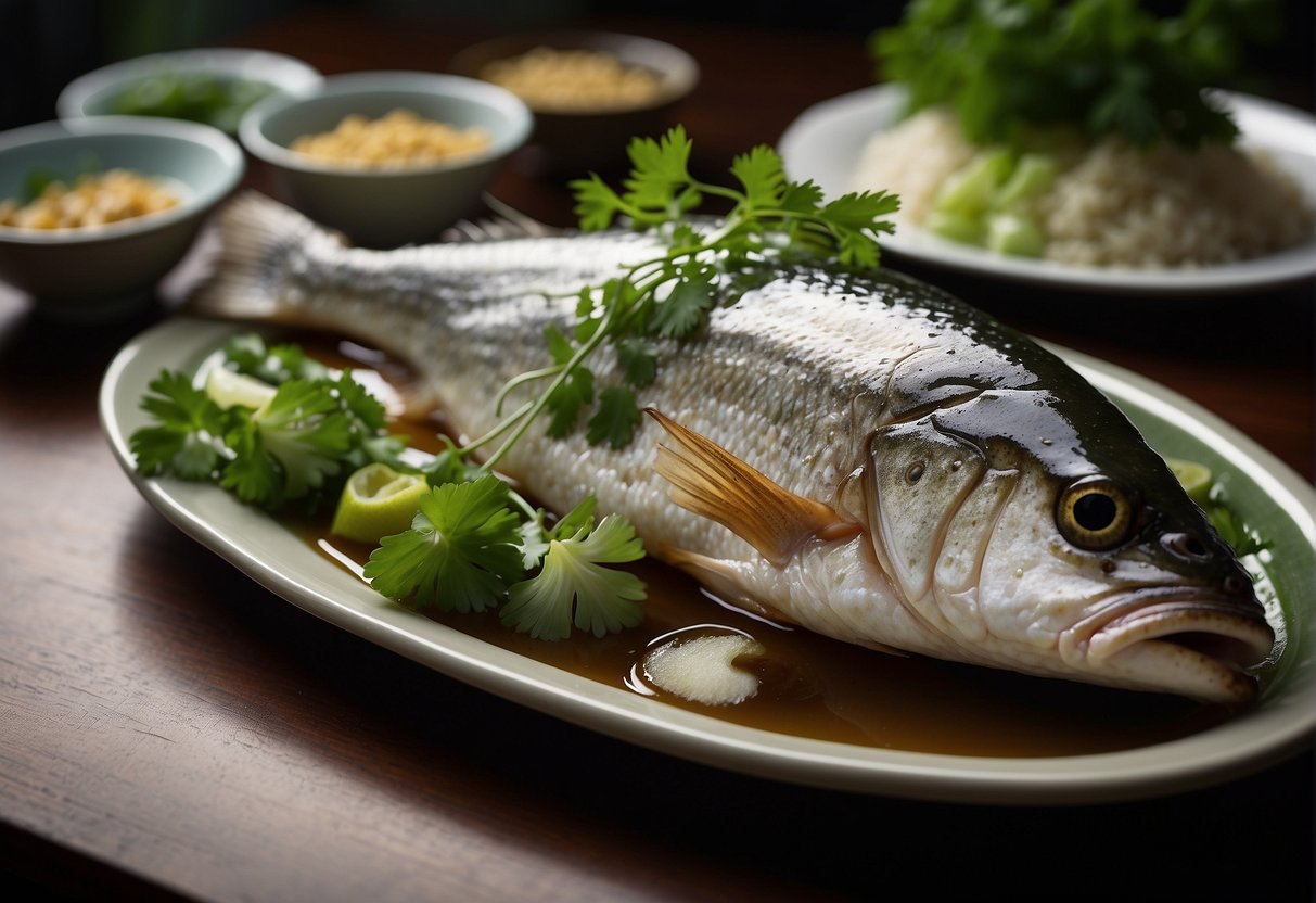 A whole fish, steamed with ginger, scallions, and soy sauce. Garnished with cilantro and served on a platter