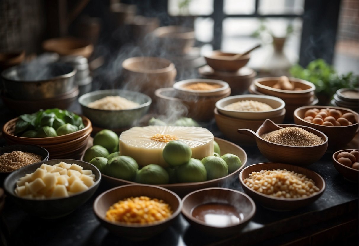A traditional Chinese kitchen with ingredients and tools laid out for making steamed thousand layer cake
