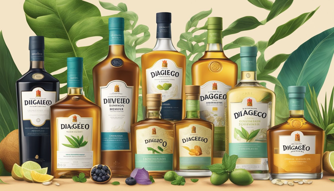 A group of diverse Diageo brand products displayed alongside sustainable and ethically sourced ingredients, with a focus on environmental and social responsibility