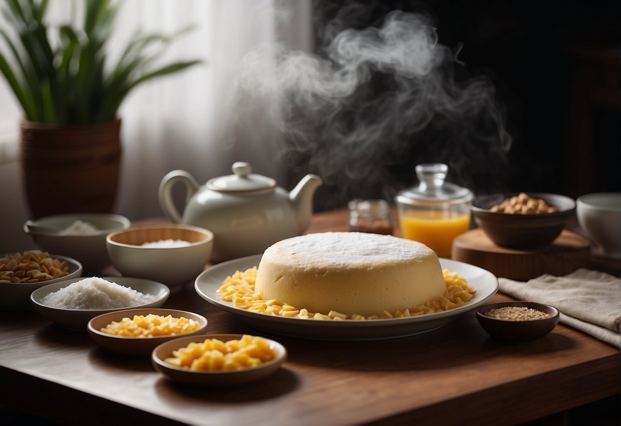 A table with ingredients like flour, sugar, eggs, and a bamboo steamer, with a recipe book open to "Chinese Steamed Thousand Layer Cake."