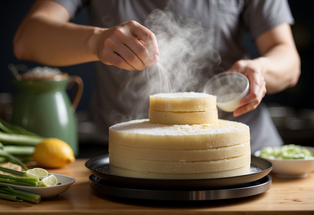 A hand pouring batter into a stacked bamboo steamer, steam rising, with a recipe book open to "Chinese steamed thousand layer cake" on the counter