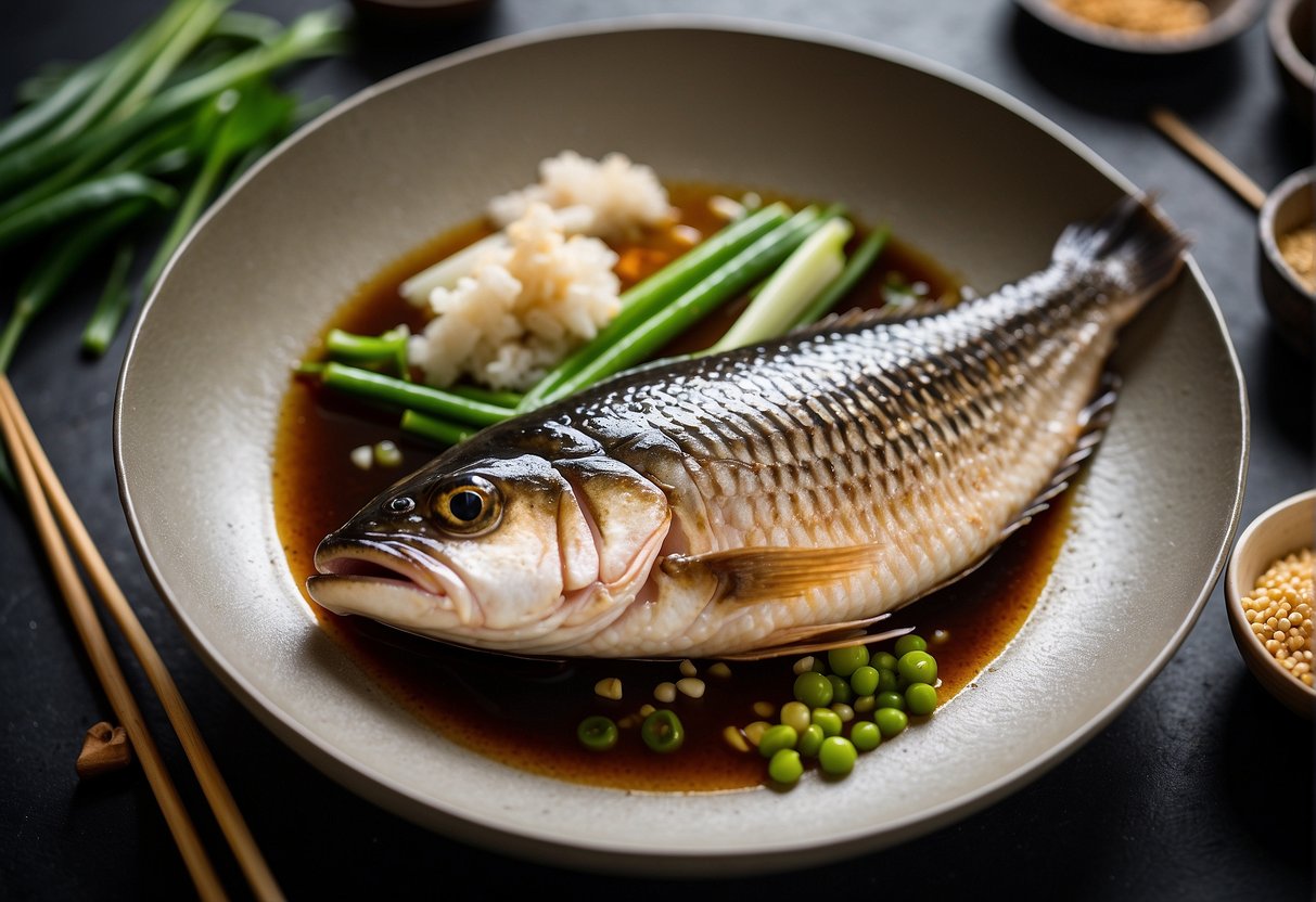A whole fish, ginger, scallions, soy sauce, sesame oil, and a steaming basket on a wok