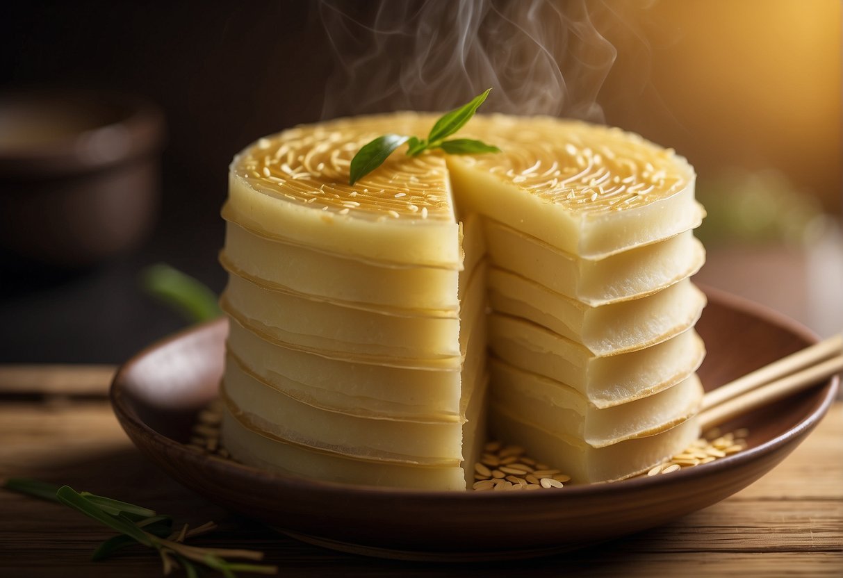 A bamboo steamer filled with layers of delicate, golden Chinese steamed thousand layer cake, with steam rising from the top