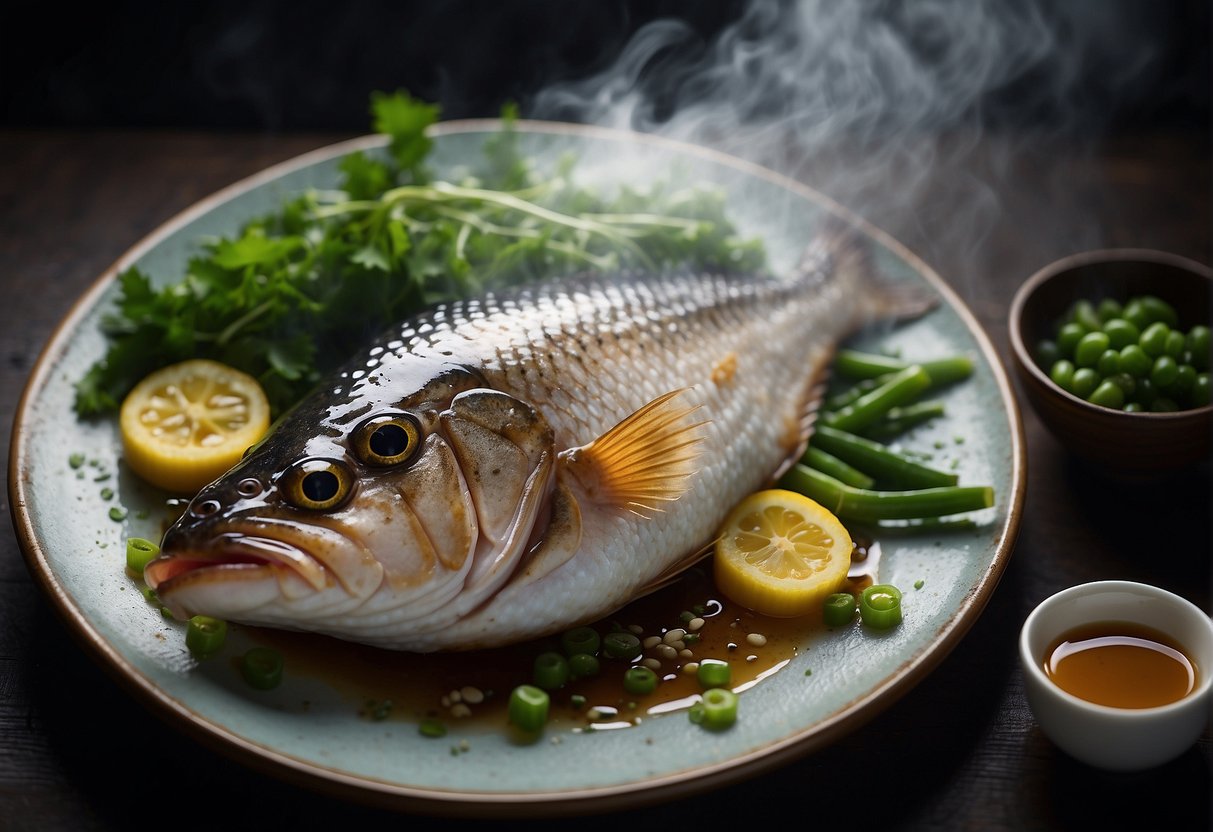 A whole fish is placed on a steaming plate, surrounded by ginger, scallions, and soy sauce. Steam rises from the plate