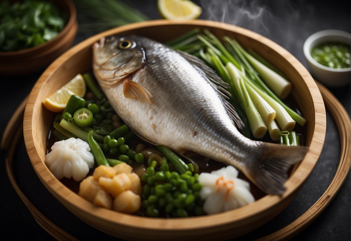 A whole fish sits in a bamboo steamer, surrounded by ginger, scallions, and soy sauce. Steam rises from the pot, enveloping the fish in a fragrant cloud