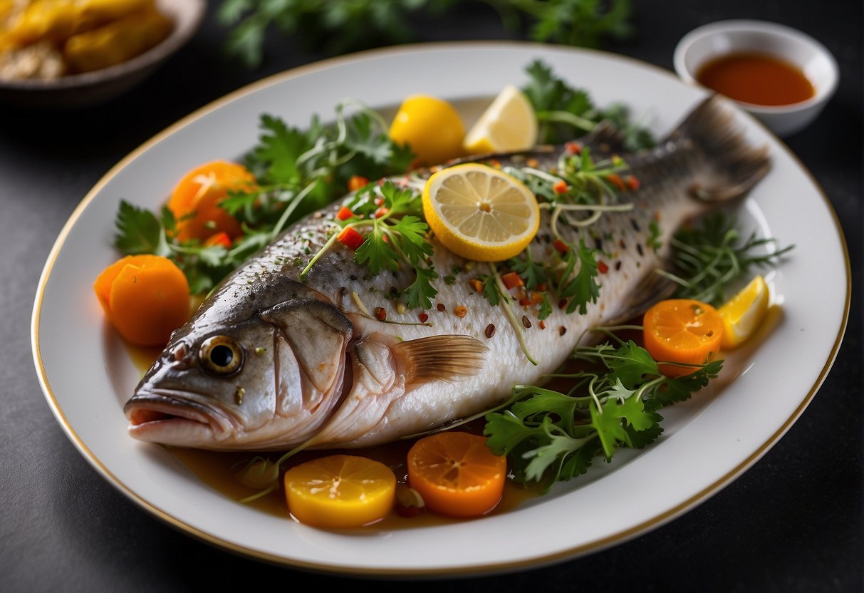 A steamed whole fish is placed on a decorative platter with vibrant garnishes and a drizzle of savory sauce for a stunning presentation