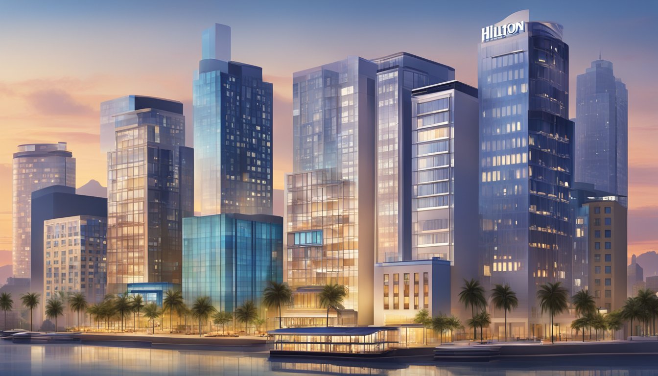 A row of Hilton brand hotels, with distinctive logos and modern architecture, set against a vibrant city skyline