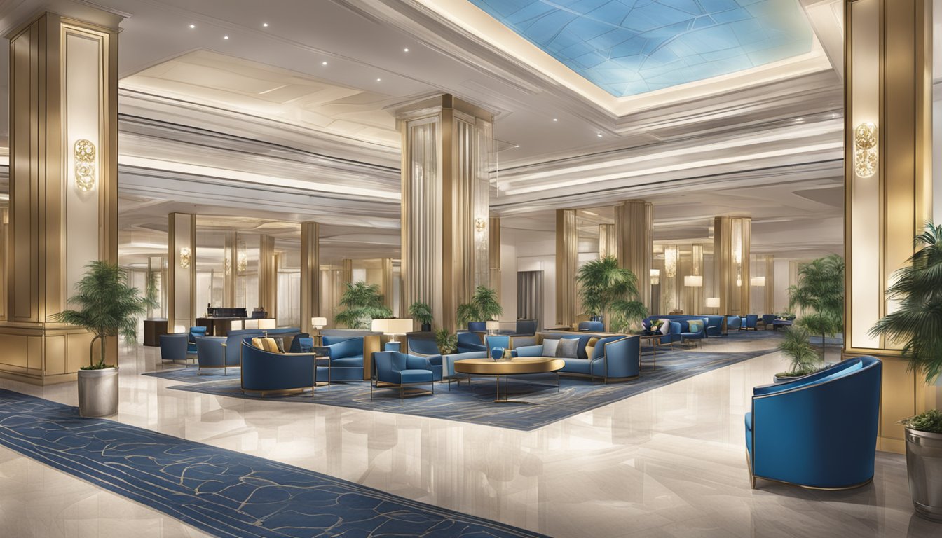 A luxurious hotel lobby filled with Hilton brand logos and the Hilton Honours Programme signage