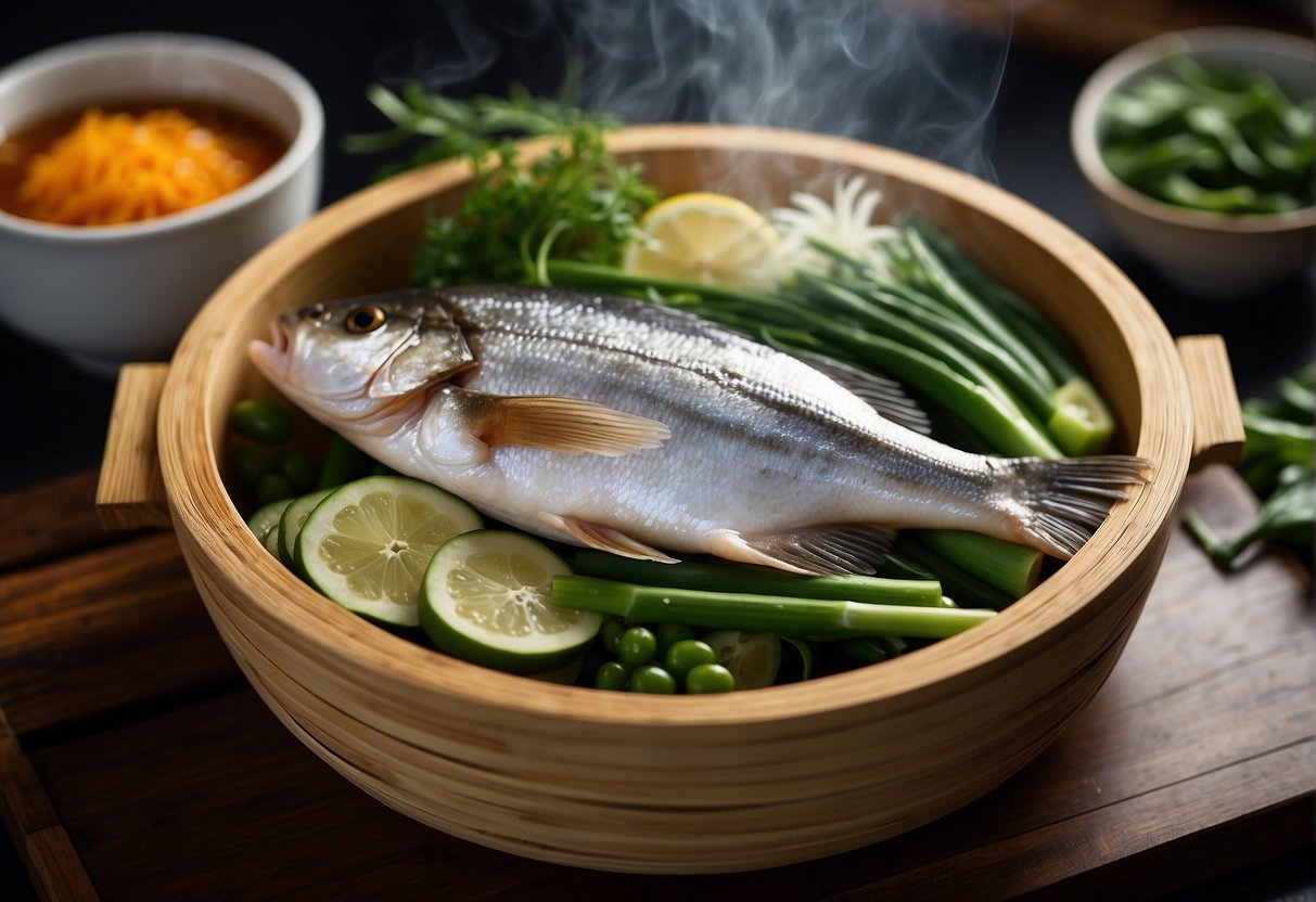 A whole fish steaming in a bamboo steamer, surrounded by ginger, scallions, and soy sauce