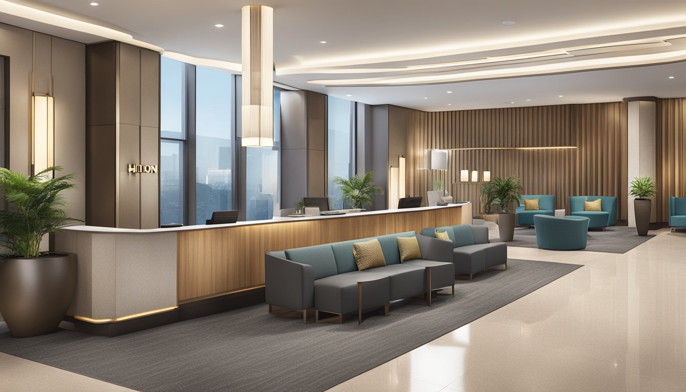 A modern hotel lobby with sleek furniture, a welcoming reception desk, and the Innovative Hospitality Services Hilton brand logo prominently displayed