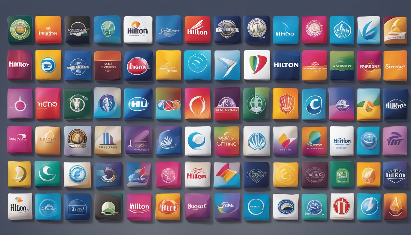 A colorful array of Hilton brand logos, each with a bold and distinct design, displayed in a neatly organized grid
