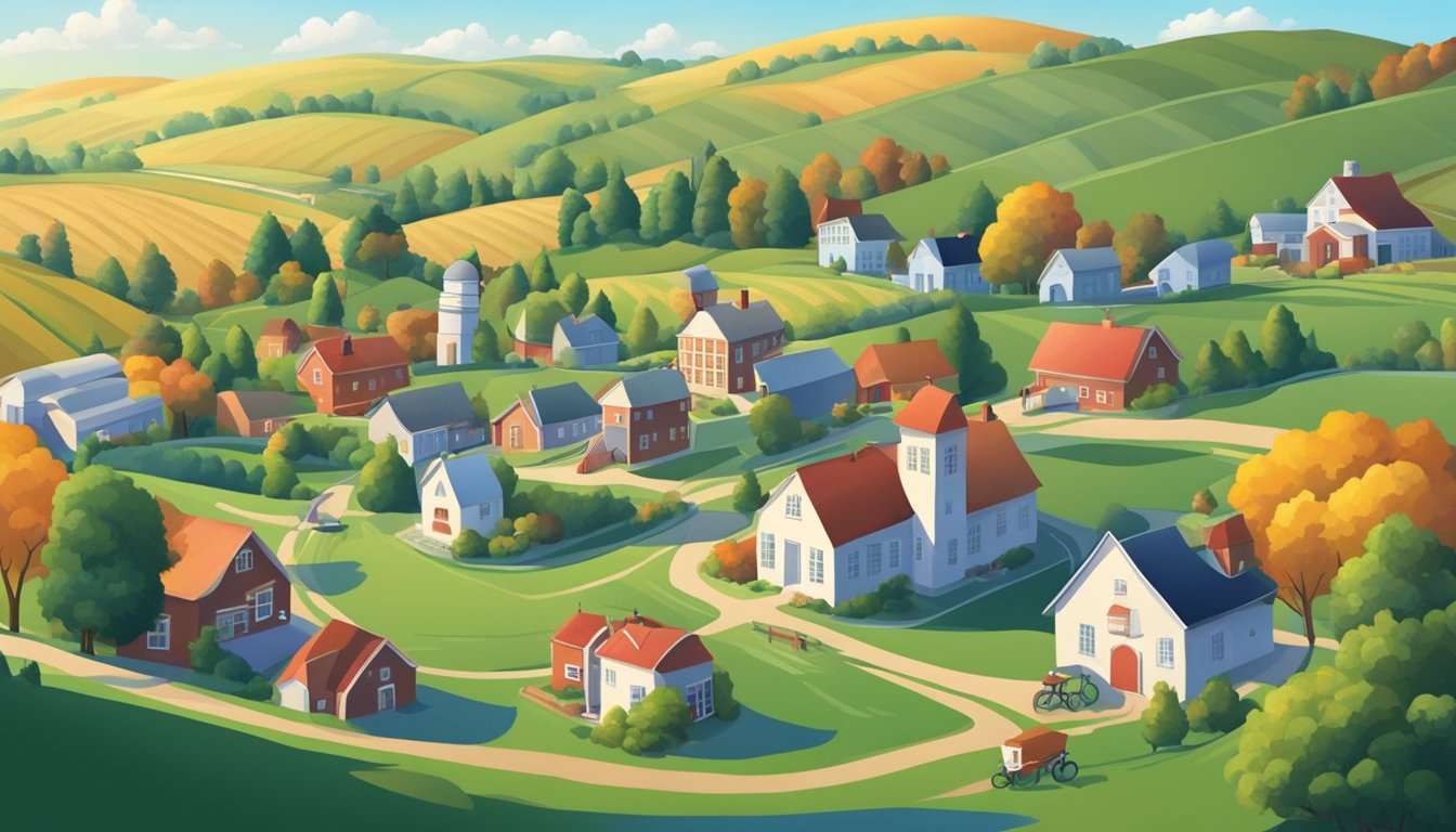 A small town with a schoolhouse and a farm, surrounded by rolling hills and a clear blue sky