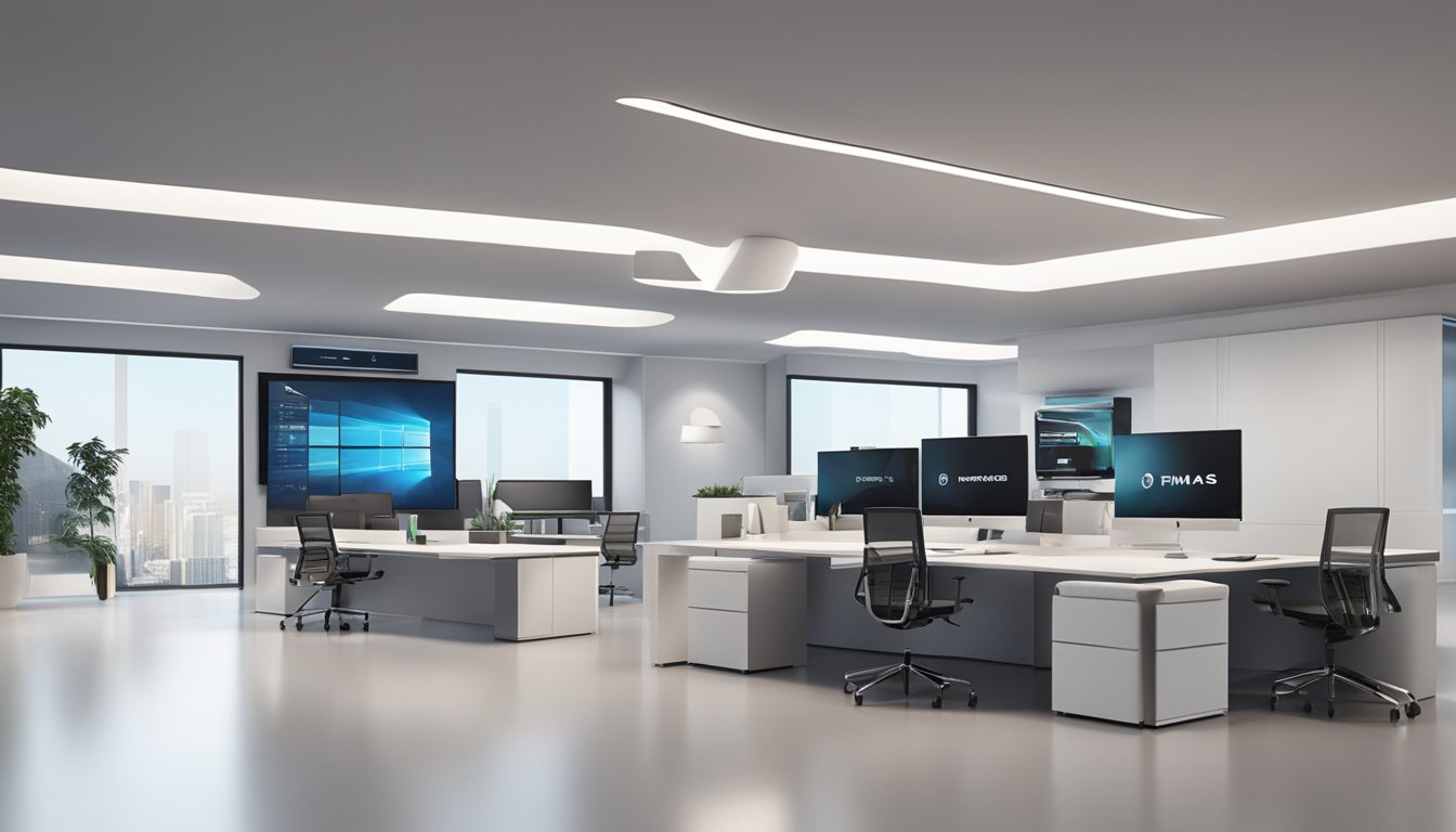 A sleek, modern office space with a large digital screen displaying the logo of "Tomas Brand" prominently. Clean lines and minimalist decor create a professional and high-tech atmosphere
