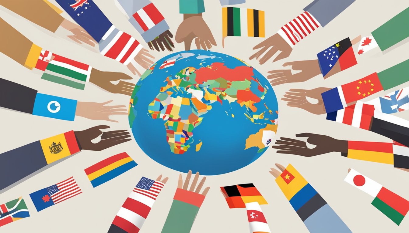 A globe surrounded by diverse flags, with a crowd of people from different cultures holding hands in unity
