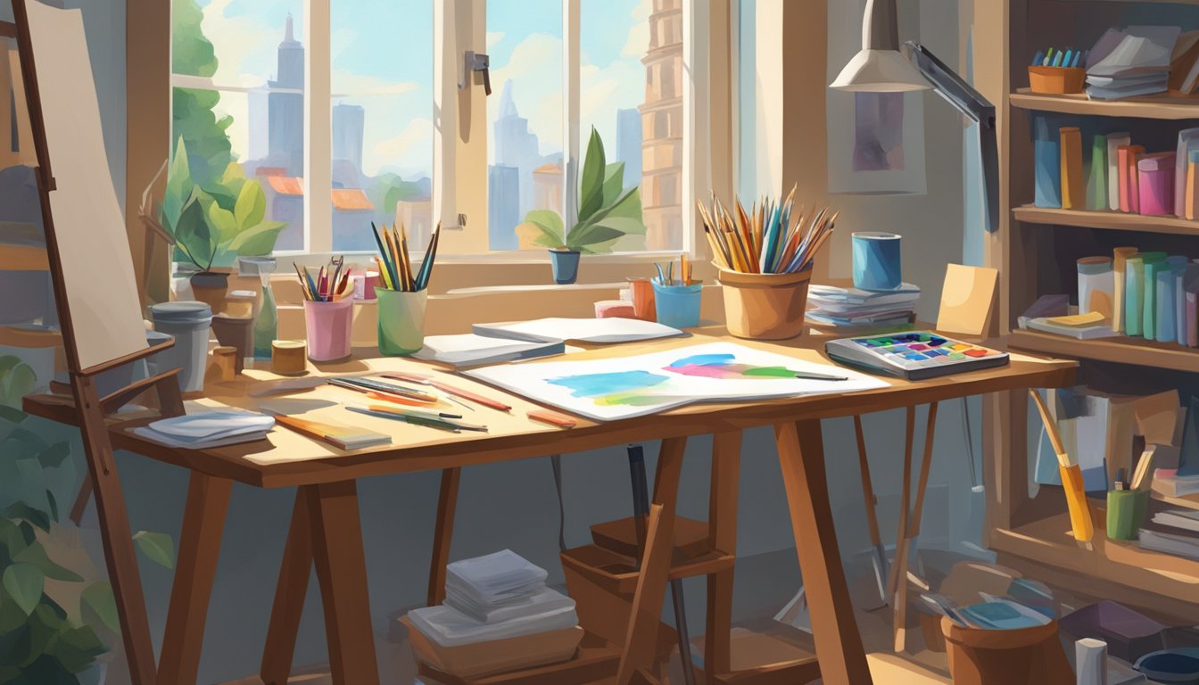 A cluttered desk with scattered art supplies, a half-finished canvas on an easel, and natural light streaming through a window