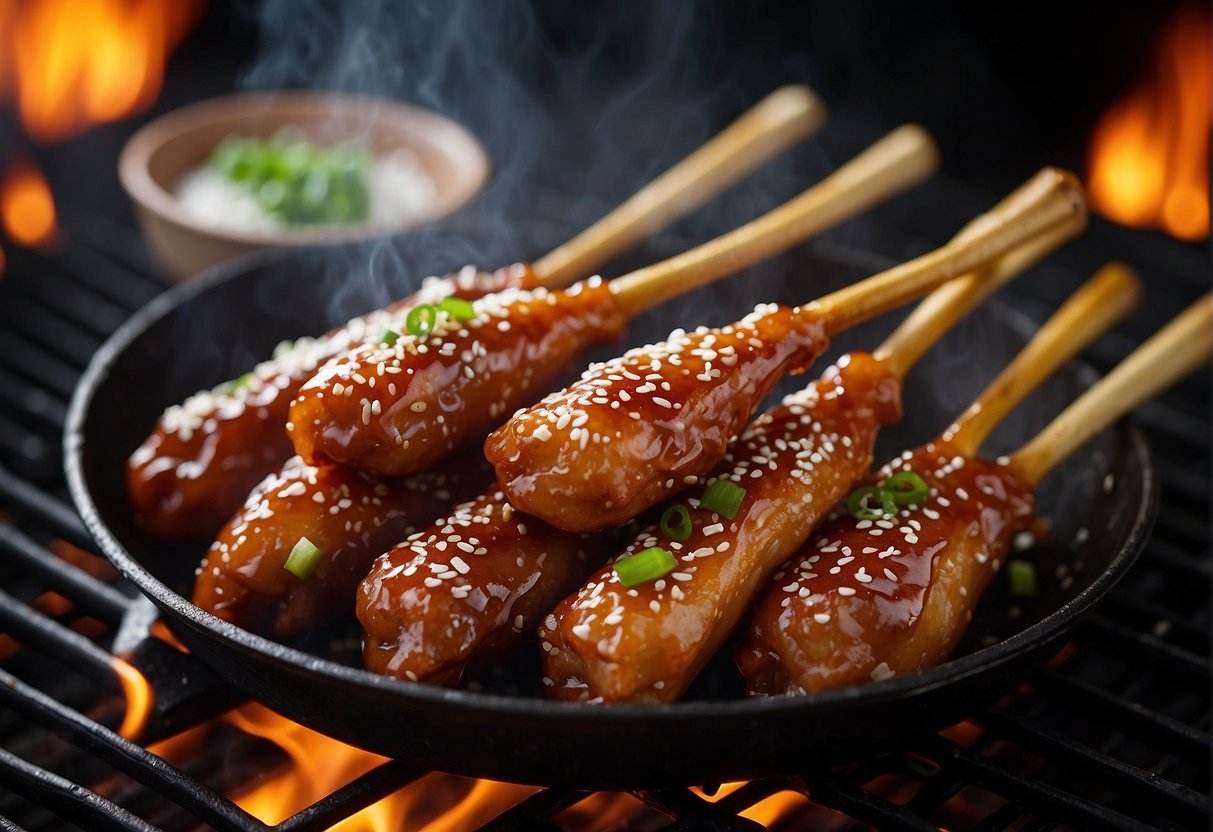 Glistening drumsticks coated in sticky Chinese sauce, garnished with sesame seeds and spring onions, sizzling on a hot grill