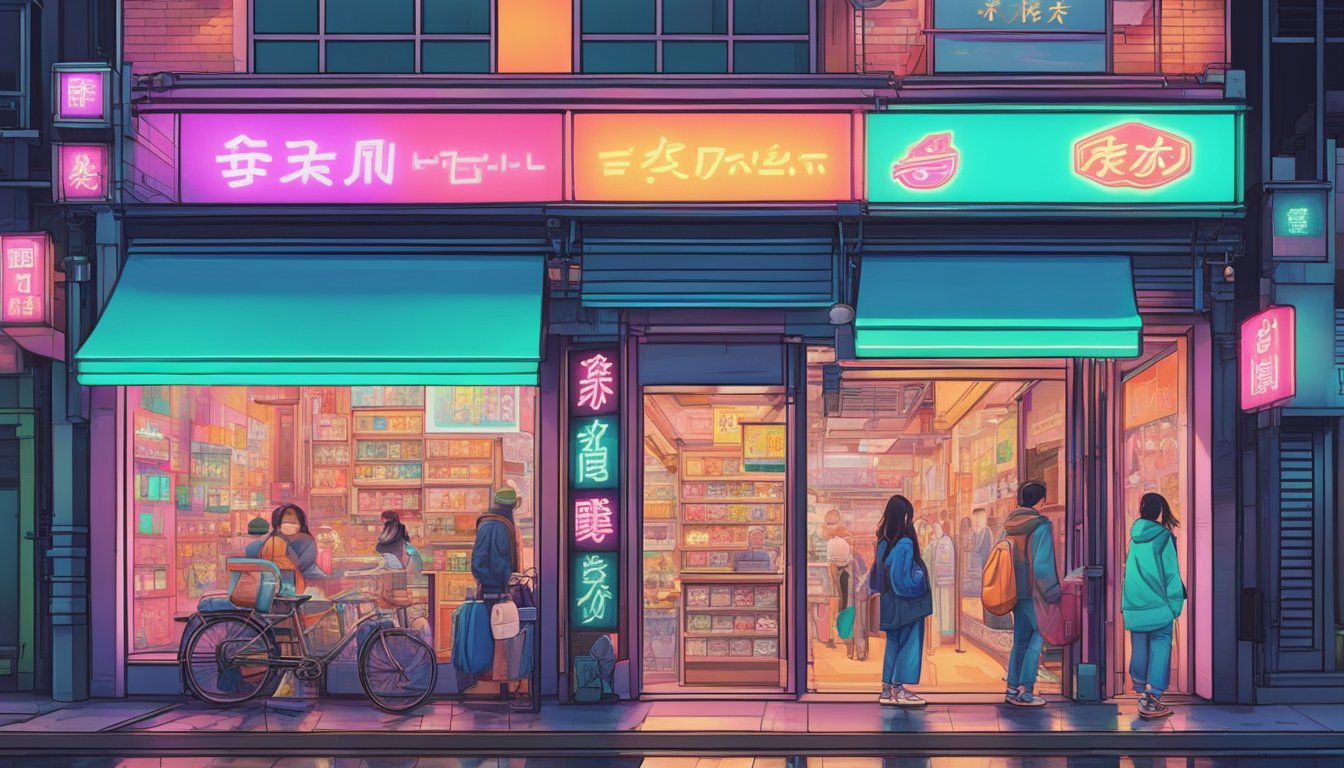 Vibrant storefronts display modern Japanese street wear brands on a bustling urban street. Neon signs and colorful displays catch the eye
