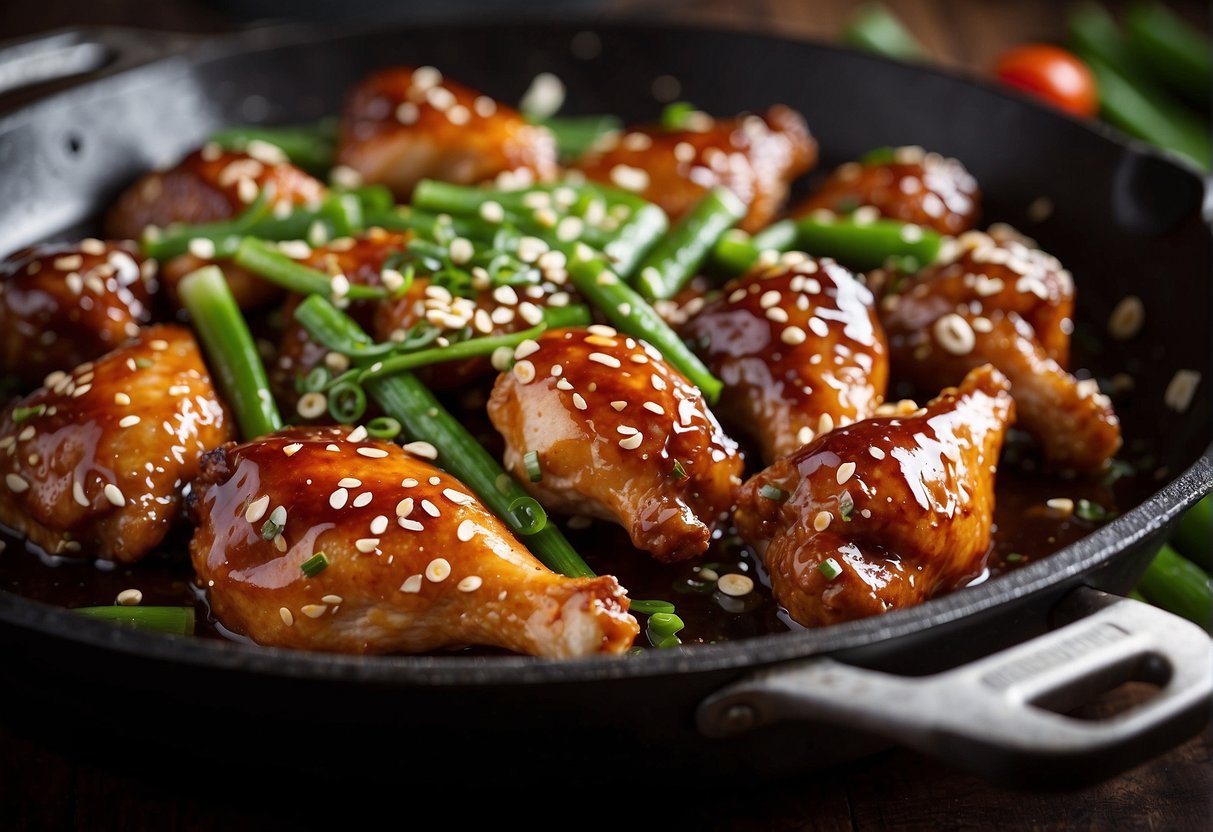 A sizzling skillet holds sticky chicken drumsticks coated in a glossy Chinese sauce, surrounded by vibrant green scallions and sesame seeds