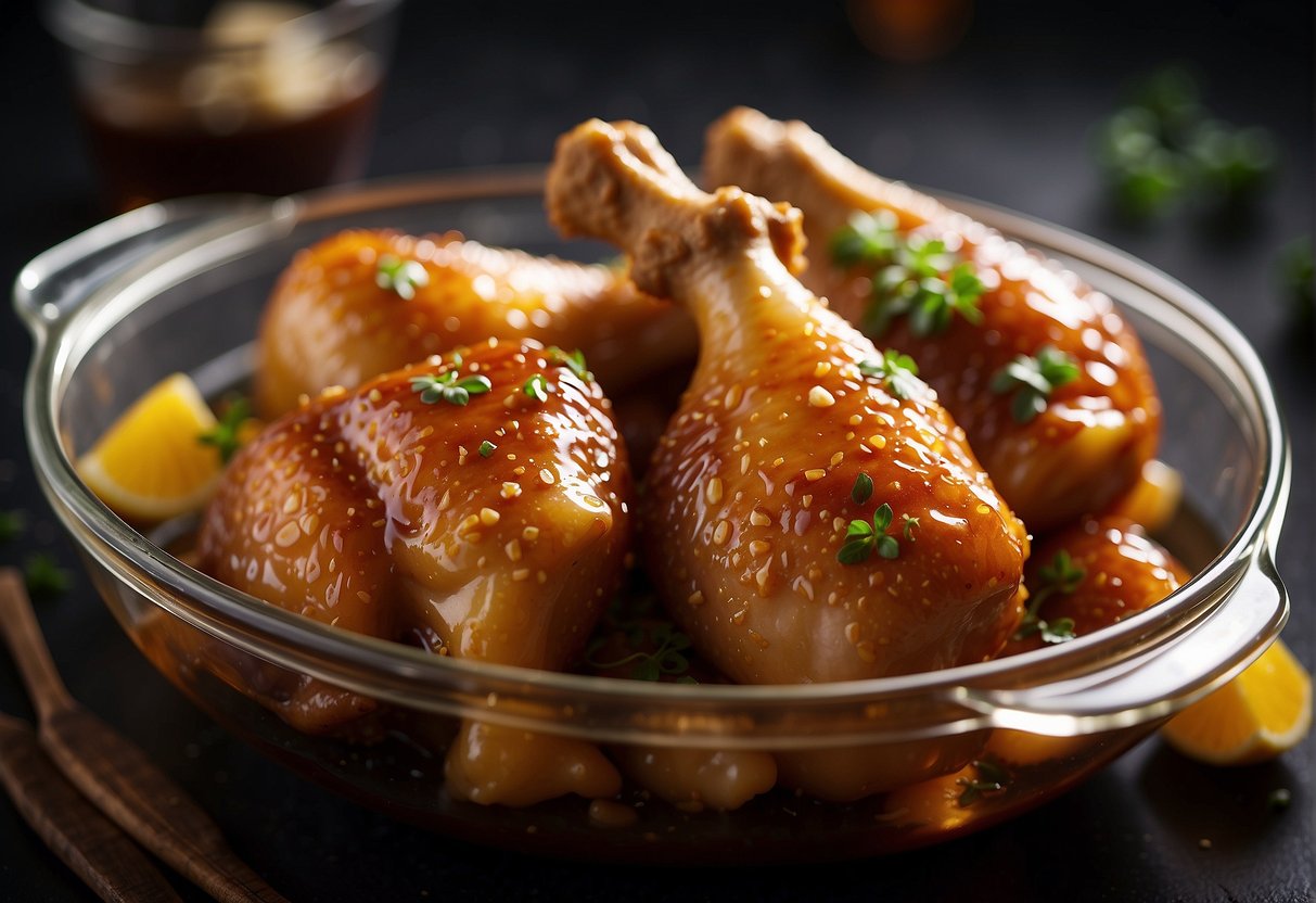 Chicken drumsticks soaking in a sticky Chinese marinade in a glass dish. Ingredients like soy sauce, honey, and ginger are visible