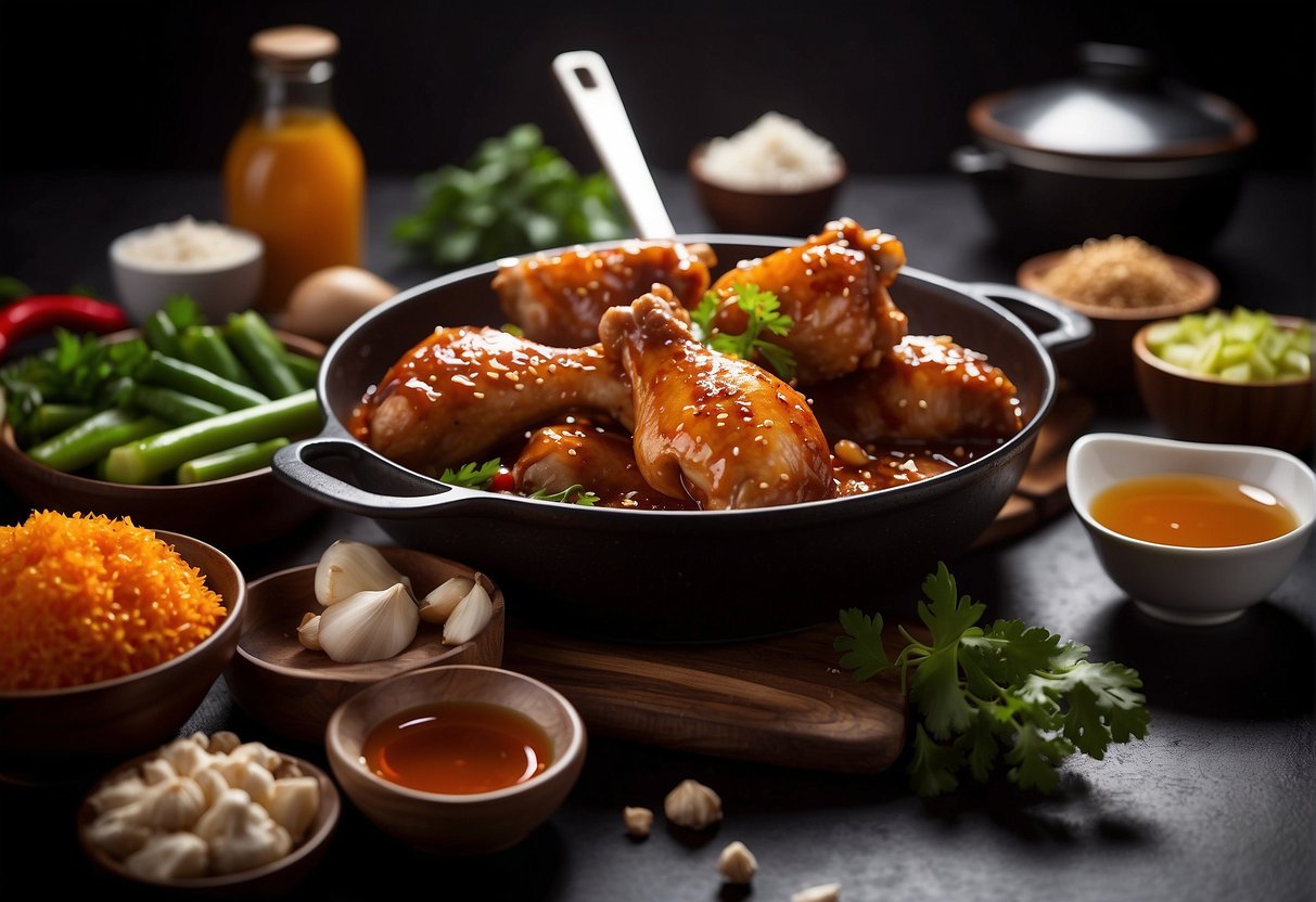 Chicken drumsticks marinating in a sticky Chinese sauce, surrounded by ingredients like soy sauce, ginger, and garlic, with a wok and cooking utensils nearby