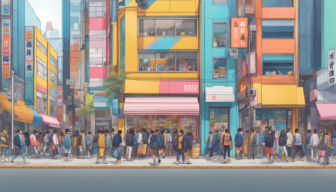 Vibrant storefronts display iconic Japanese streetwear brands on a bustling urban street