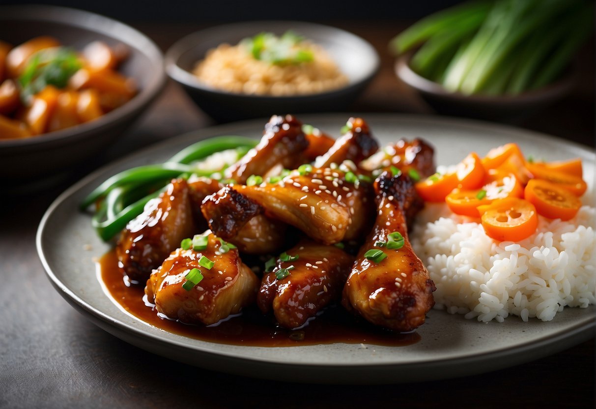 A platter of glossy, caramelized chicken drumsticks garnished with sesame seeds and green onions, accompanied by a side of steamed white rice and vibrant stir-fried vegetables