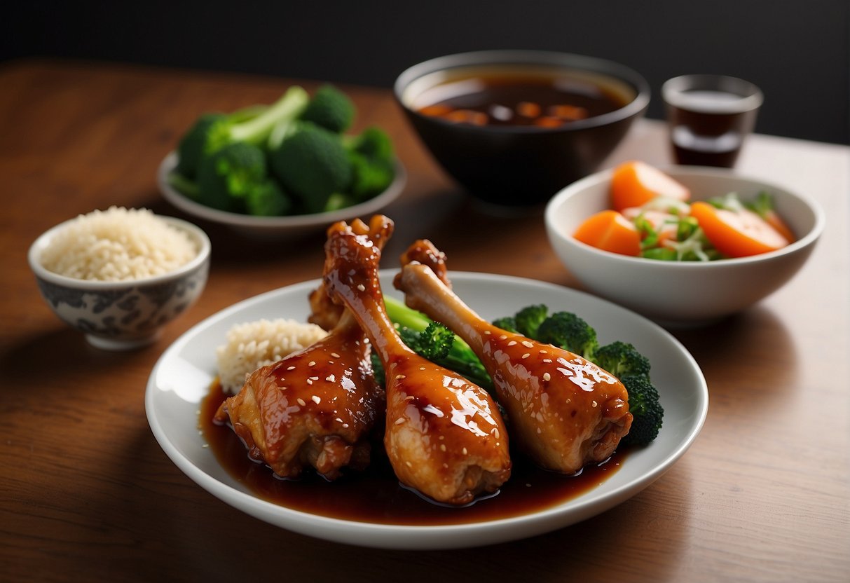 A plate of sticky chicken drumsticks with a side of steamed vegetables, accompanied by a small bowl of soy sauce