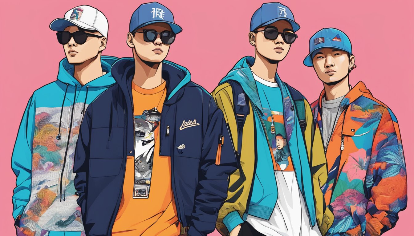 Japanese streetwear brands' designers collaborate, showcasing their profiles. Bold graphics, vibrant colors, and edgy silhouettes dominate the scene