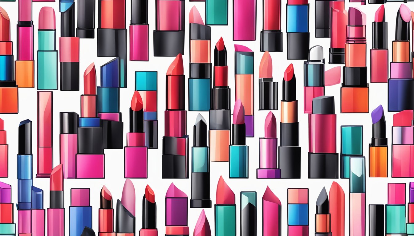 Various top lipstick brands arranged on a sleek, modern display stand. Bold, vibrant colors and elegant packaging catch the eye