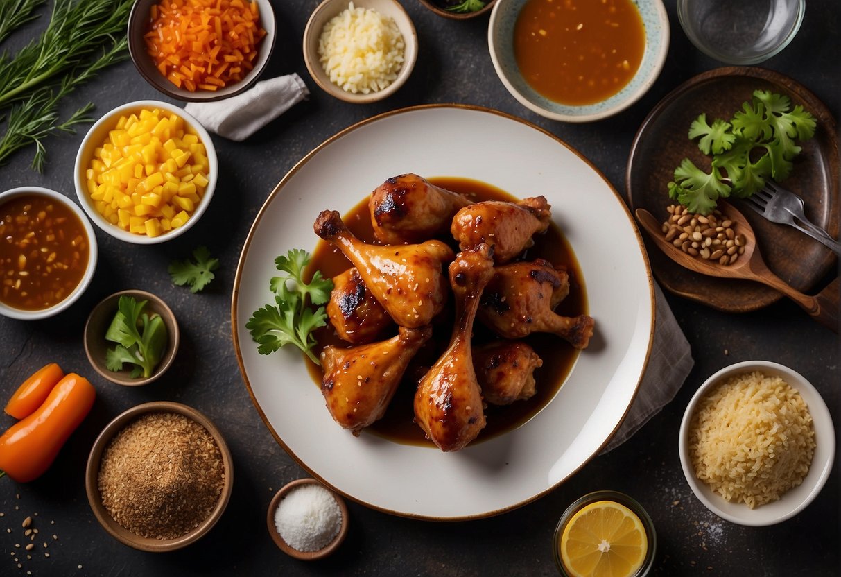 A plate of sticky chicken drumsticks surrounded by ingredients and cooking utensils
