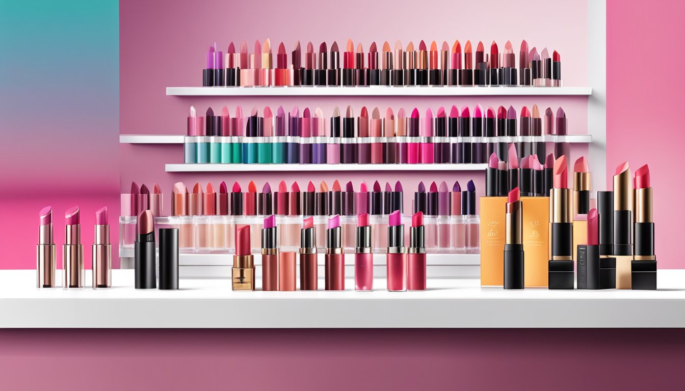 A display of various lipstick brands arranged on a sleek, modern counter. Bright, bold colors and elegant packaging catch the eye