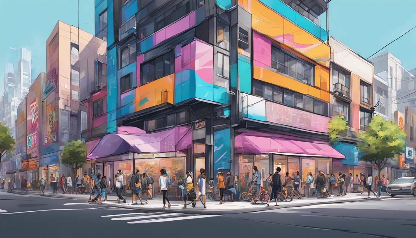 A bustling urban street corner with vibrant graffiti, sleek modern architecture, and stylish storefronts showcasing a fusion of Japanese streetwear and high fashion brands