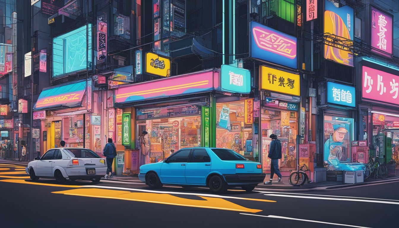 Vibrant neon signs illuminate bustling Tokyo streets, showcasing cutting-edge Japanese streetwear brands. Bold graphics and innovative designs adorn storefronts, reflecting the future of fashion