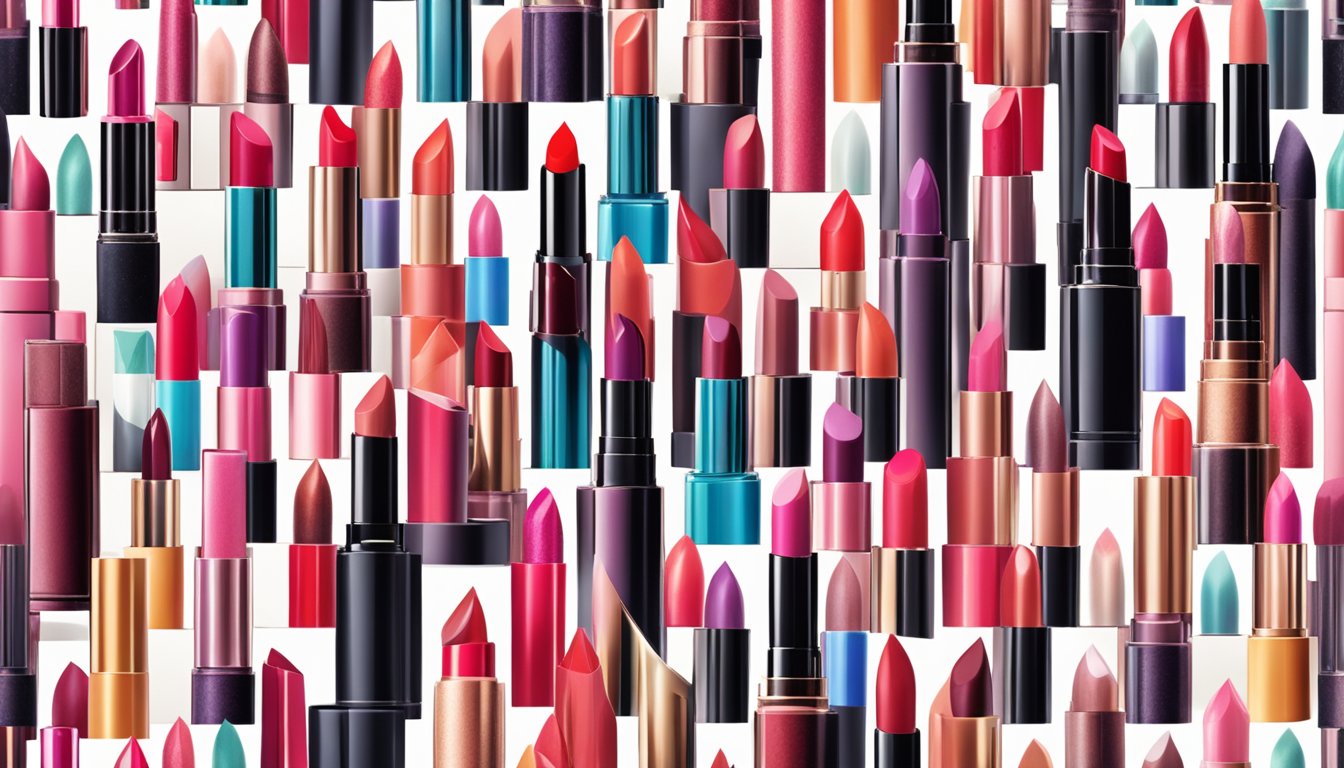 A display of various lipstick brands arranged in a spectrum of styles, showcasing different textures and finishes