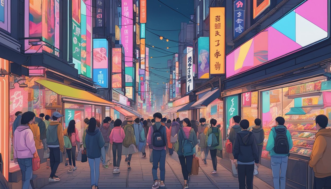 A bustling Japanese street lined with vibrant storefronts showcasing popular streetwear brands. Pedestrians browse the latest fashion while colorful billboards and neon signs light up the scene