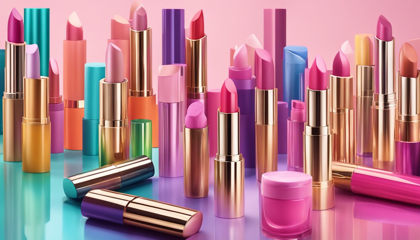 Vibrant lipstick tubes arranged on a sleek display, surrounded by luxurious skincare products and colorful swatches