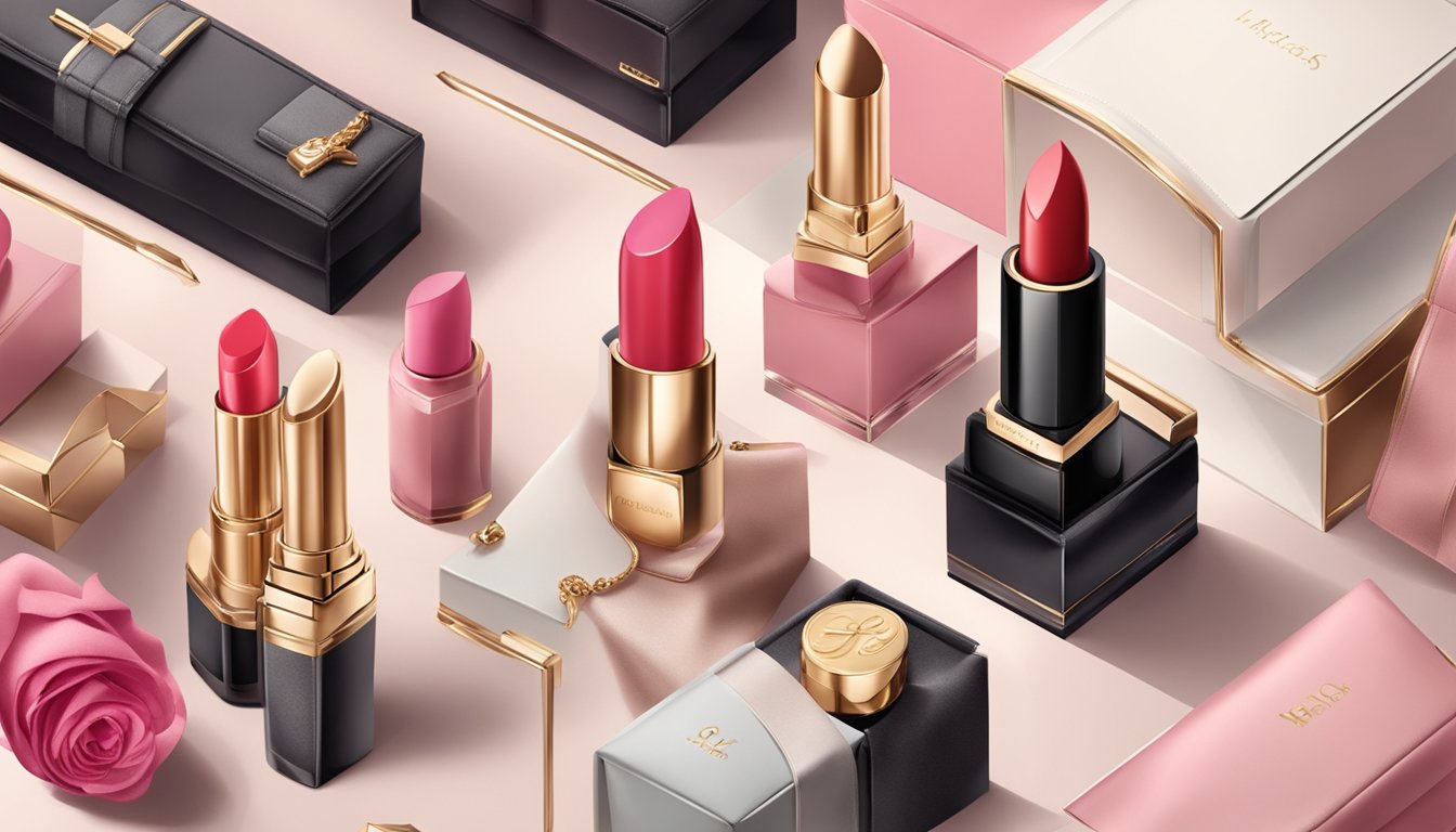 A display of top lipstick brands in elegant packaging, surrounded by luxurious fabrics and glamorous accessories