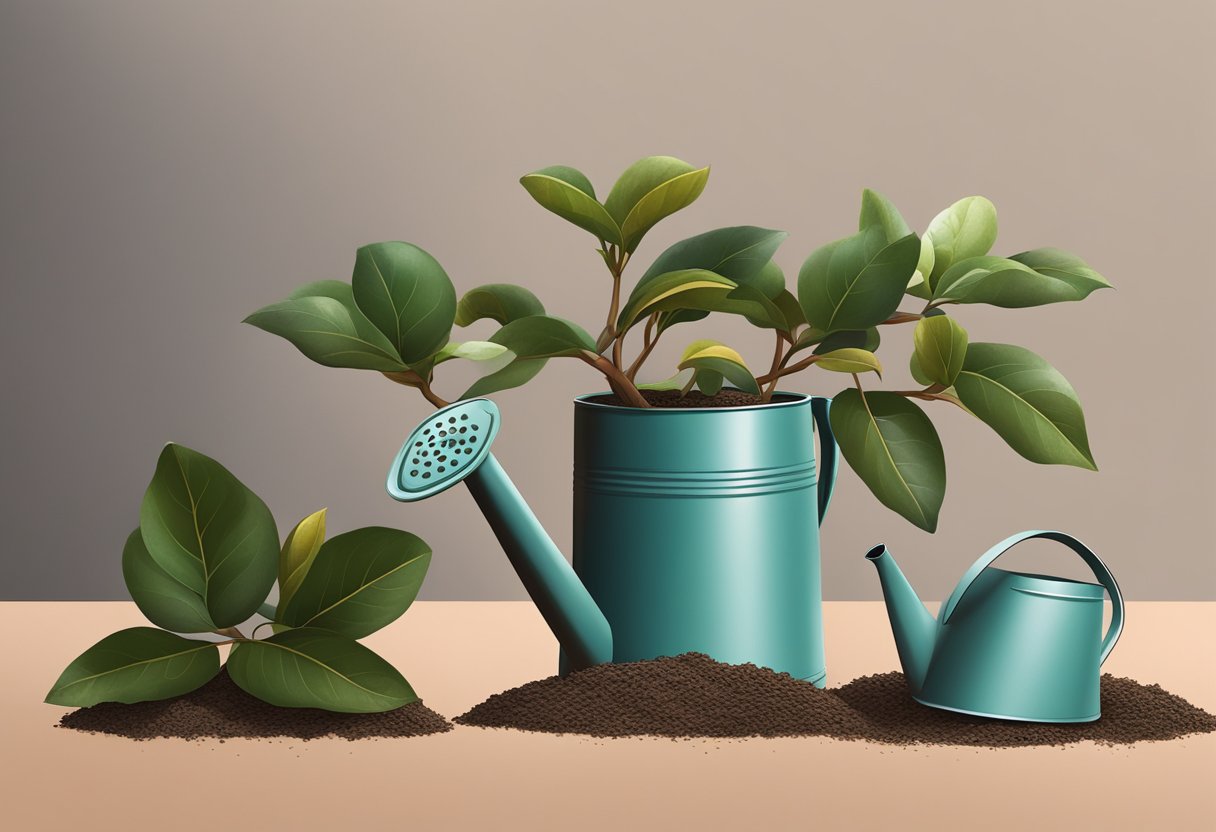 Camellia leaves browning, surrounded by soil and a watering can nearby