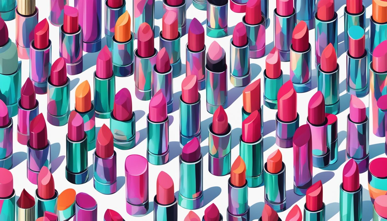 Vibrant lipstick tubes arranged on a sleek, reflective surface with bold typography showcasing "Accessorise Your Pout" brand names