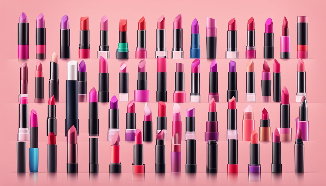 A display of popular lipstick brands arranged in a neat and organized manner, with clear labels and vibrant colors
