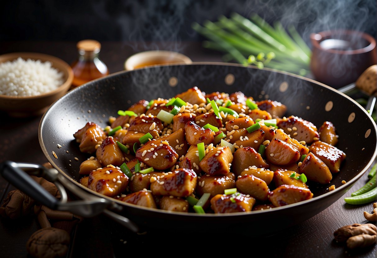 A wok sizzles with marinated chicken, soy sauce, honey, and garlic. Green onions and sesame seeds sprinkle over the glossy, caramelized meat