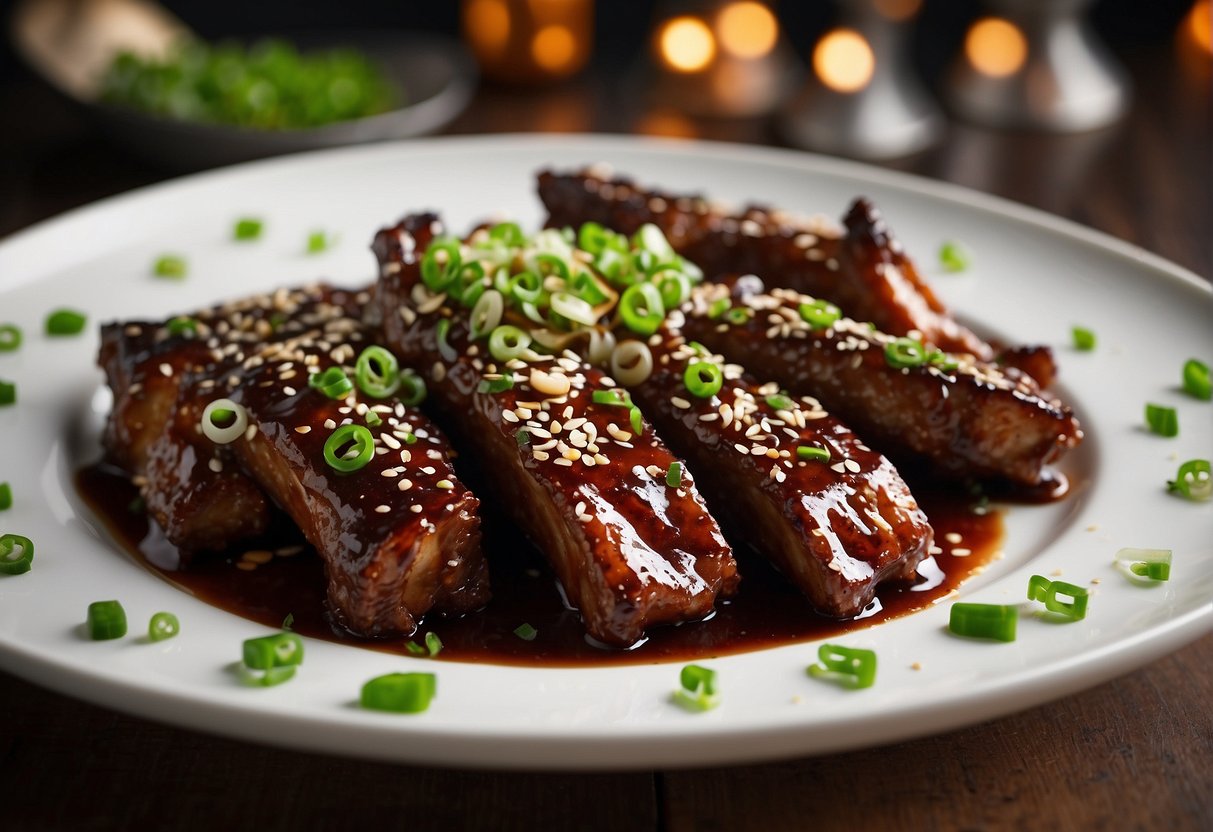 A sizzling wok of caramelized pork ribs with a glossy, sticky glaze. Green onions and sesame seeds sprinkle on top