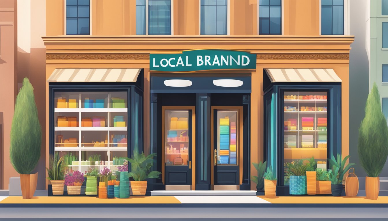 A storefront with a simple, modern sign reading "local brand" above the entrance, surrounded by vibrant, eye-catching displays of products