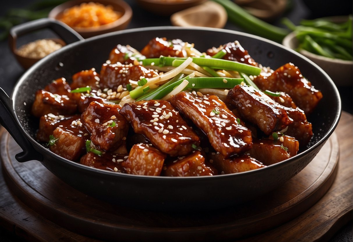 A wok sizzles with marinated pork ribs, coated in a glossy, caramelized sauce. A sprinkle of sesame seeds and green onions adds a finishing touch