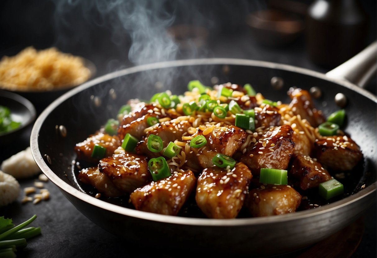 A wok sizzles as chicken, soy sauce, honey, and garlic simmer. Green onions and sesame seeds garnish the glossy, caramelized meat