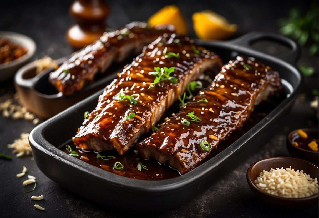 Pork ribs marinating in soy sauce, garlic, and ginger. Glazed with honey and hoisin sauce. Sizzling on a hot grill